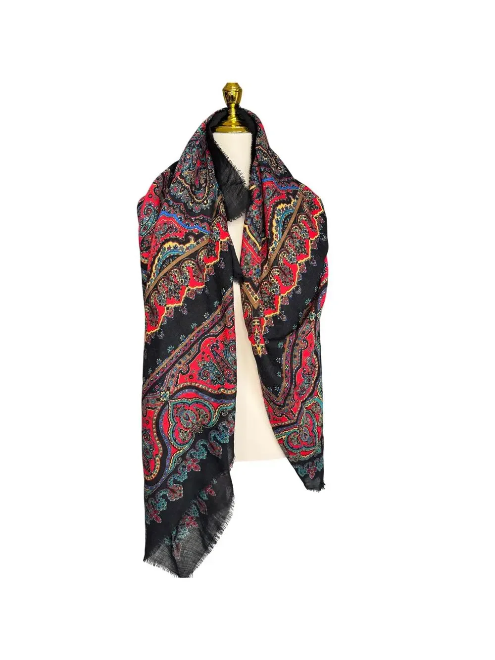 Vintage Specialty House Pure Wool Paisley Black Red Wrap Scarf Made in Italy